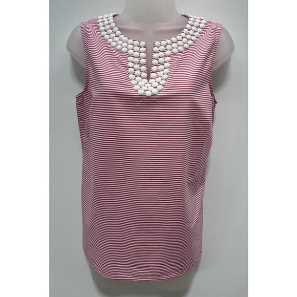 Talbots Women 6 Large Pink White Striped Beaded V-Neck Sleeveless Top Stretch - Picture 1 of 9